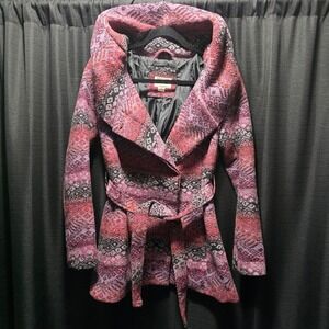 Mossimo Supply Co Womens Pink Purple Geometric Hooded Belted Wrap Coat Small